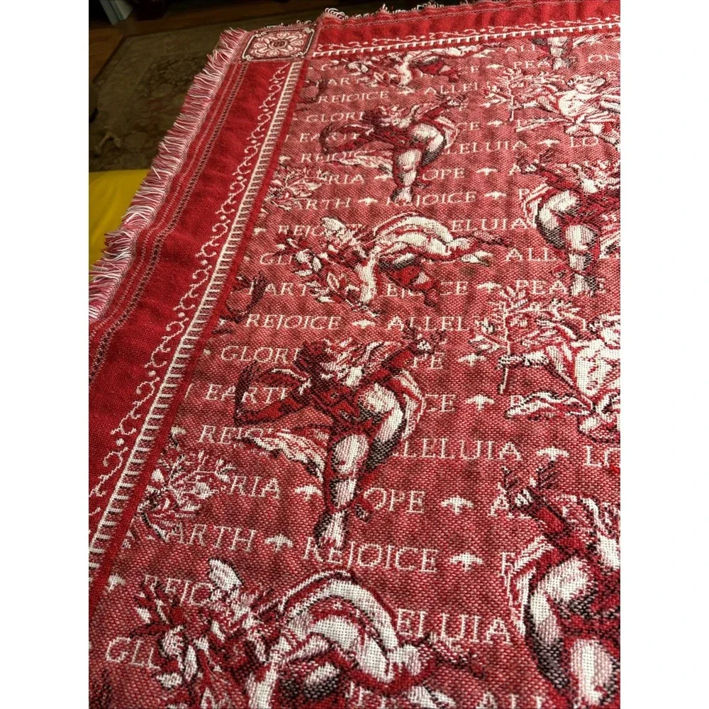 Vintage 90s Christmas Tapestry Blanket Red Angel Cherub Rejoice Peace on Earth
